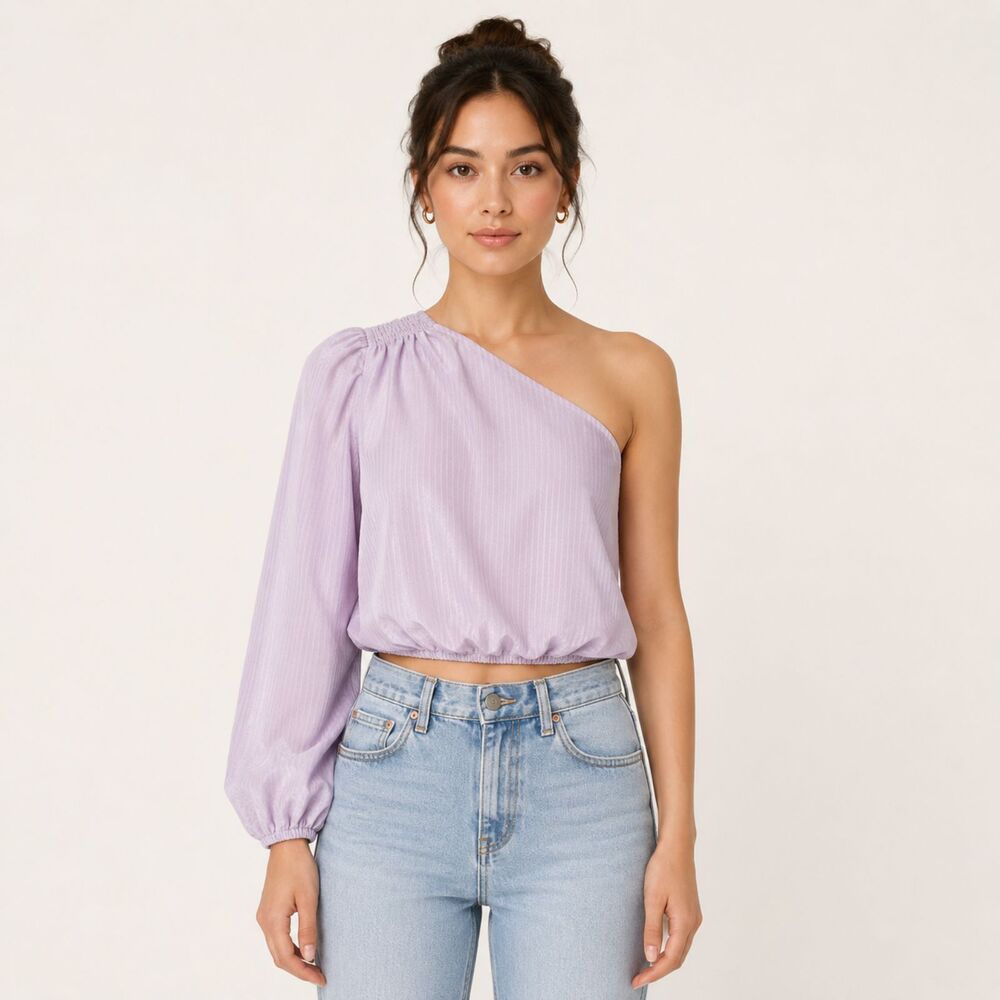Cami NYC One Shoulder Crop Top XS Lavender Silk Blend Balloon Sleeve Elastic Hem